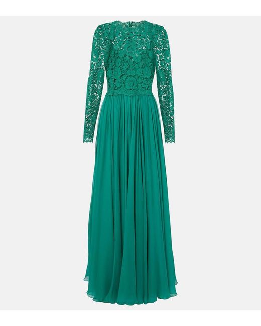 Dolce & Gabbana Green Long Chiffon And Lace Dress