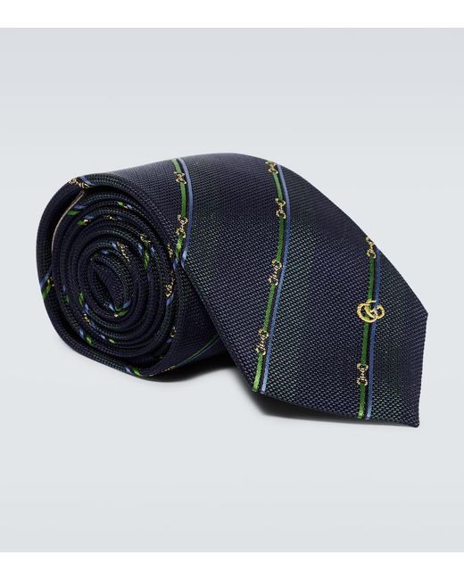 Gucci Blue 7cm Embroidered Striped Silk-jacquard Tie for men