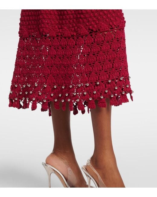 Rabanne Red Embellished Crochet Cotton Midi Skirt