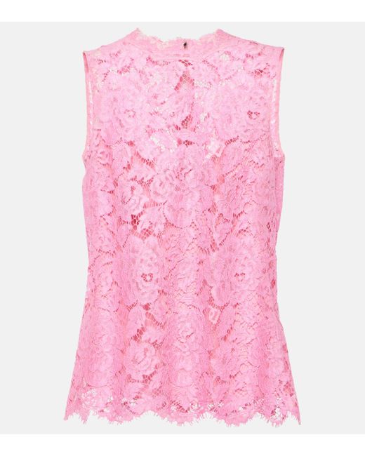 Dolce & Gabbana Pink Floral Crepe De Chine Lace Top