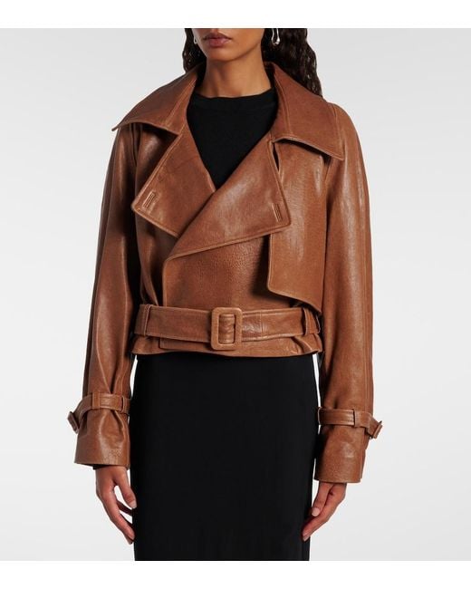 Nour Hammour Brown Hatti Cropped Leather Biker Jacket