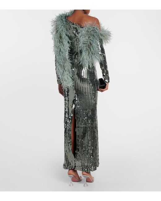 Taller Marmo Gray Garbo Disco Feather-Trimmed Sequined Gown