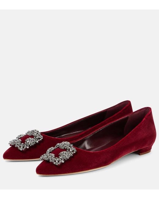 Manolo Blahnik Red Hangisi Embellished Velvet Ballet Flats