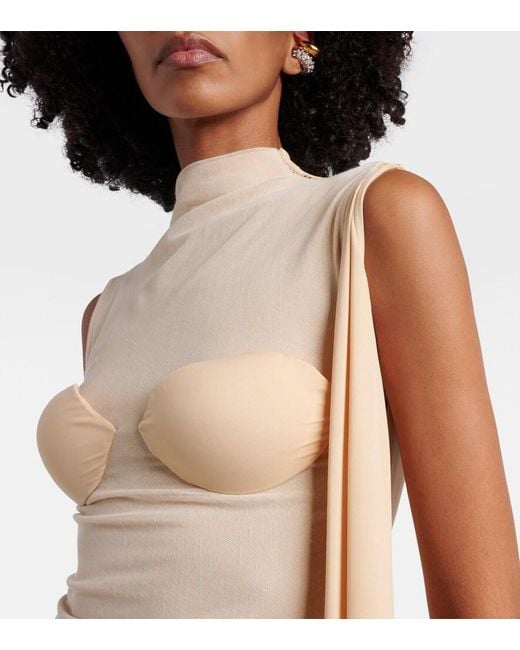Jean Paul Gaultier Natural Lace-Trimmed Semi-Sheer Midi Dress