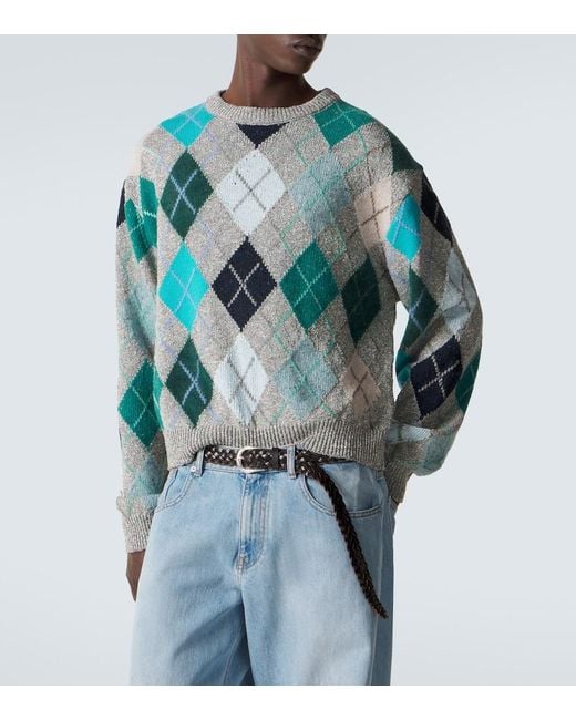 ERL Blue Argyle Wool And Cotton-Blend Sweater for men