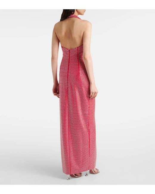 Area Red Crystal-Embellished Halterneck Gown