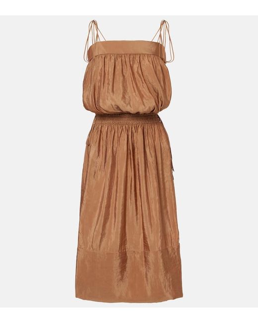 Saint Laurent Women's Brown Shirred Chiffon Satin Midi Dress