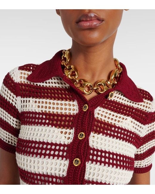 Gucci Red Open-Knit Striped Silk Polo Dress