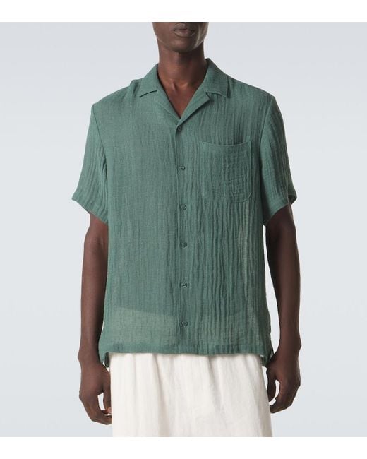 LeKasha Green Botad Linen Bowling Shirt for men