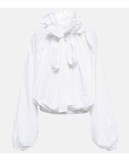Patou White Ruffled Tie-Neck Cotton Blouse