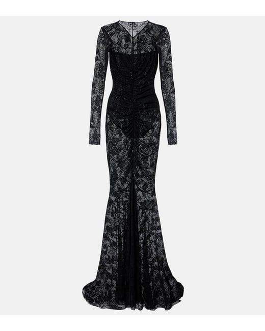 Norma Kamali Black Ruched Lace Gown