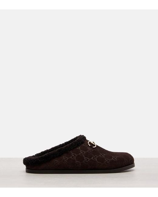 Gucci Brown Slippers New Sol Gg Horsebit Aus Veloursleder