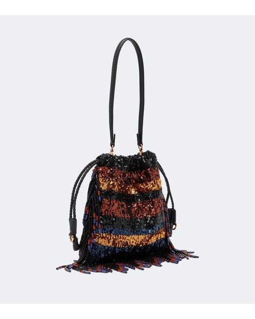 Etro Black Kalispera Small Beaded Fringed Shoulder Bag