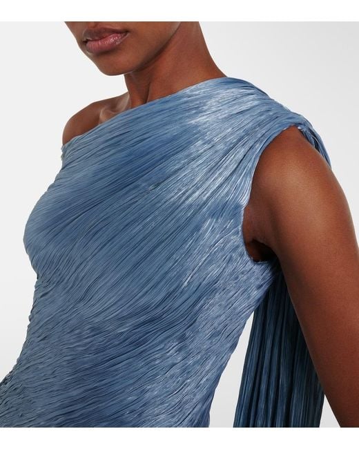 Marmar Halim Blue Draped Pleated Silk Chiffon Gown