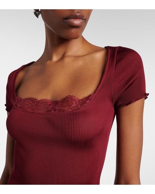 Saint Laurent Red Cropped Leavers Lace-Trimmed Ribbed Silk-Jersey Top