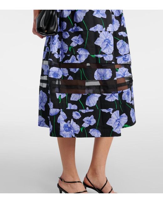 Carolina Herrera Blue Floral Belted Cotton-Blend Midi Dress