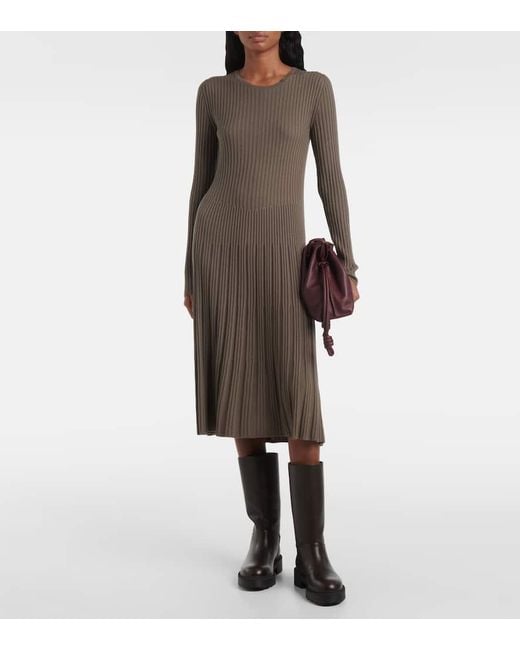Joseph Brown Ribbed-Knit Pleated Wool Midi Dress