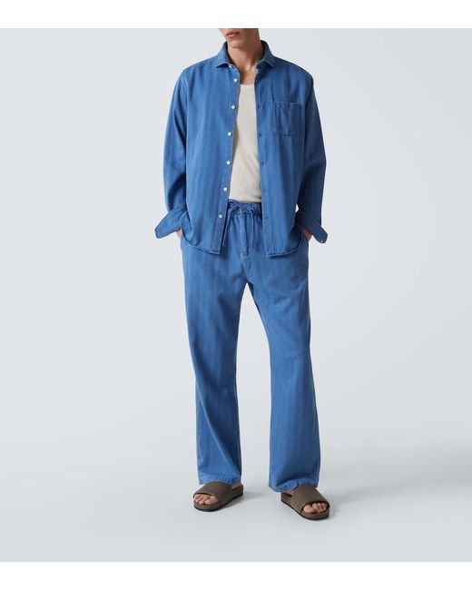 Frescobol Carioca Blue Rocha Herringbone Cotton Twill Wide-Leg Pants for men