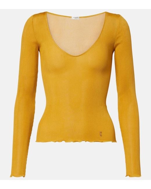 Saint Laurent Yellow Ribbed-Knit Silk Top