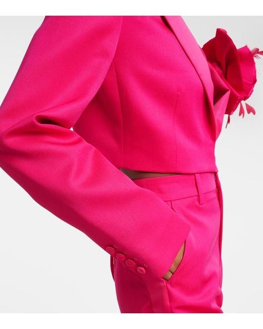 Area Pink Floral-Applique Cropped Wool Blazer