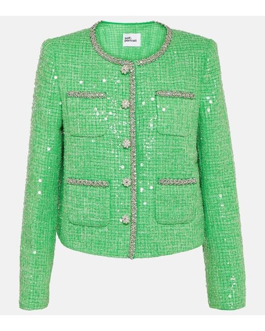 Self-Portrait Green Sequined Boucle Jacket