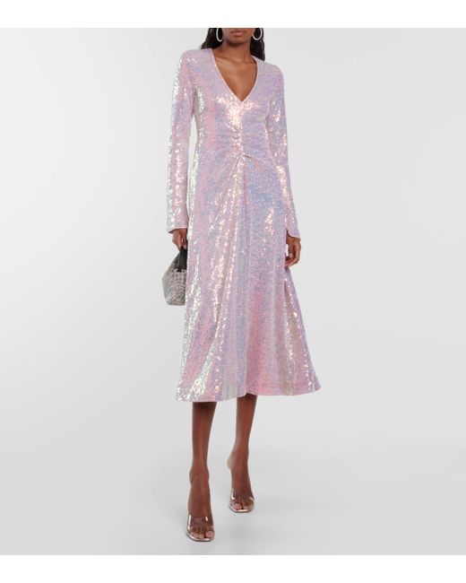 ROTATE BIRGER CHRISTENSEN Pink Ruched Sequined Midi Dress