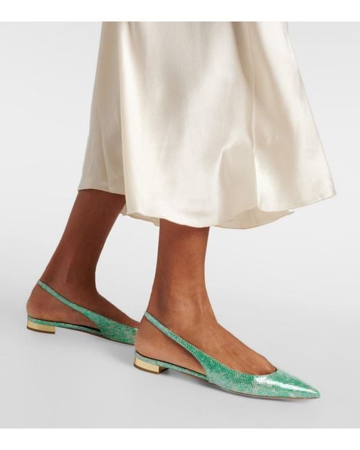 Aquazzura Green Purist Snake-Effect Leather Slingback Flats