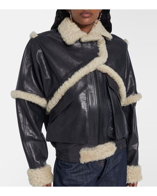 Magda Butrym Blue Leather Jacket With Unique Fur Insert