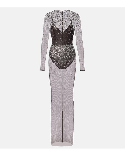 Alex Perry Gray Crystal-Embellished Mesh Maxi Dress