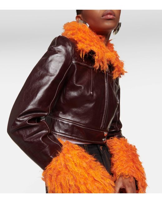 MARINE SERRE Red Faux Fur-trimmed Leather Jacket