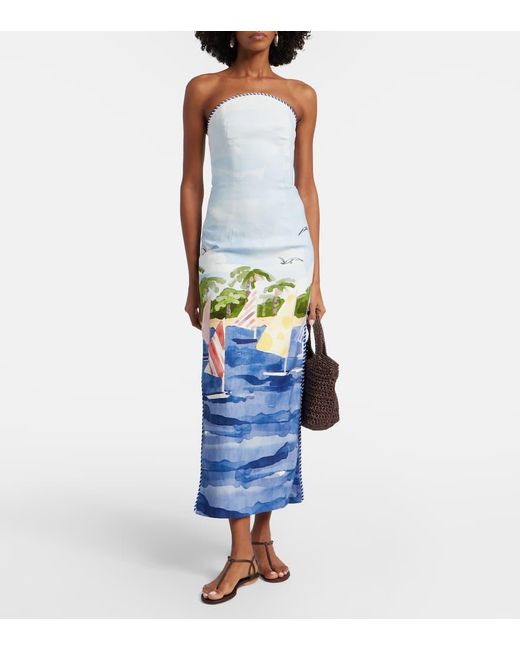 LEO LIN White Ava Printed Linen Bustier Dress