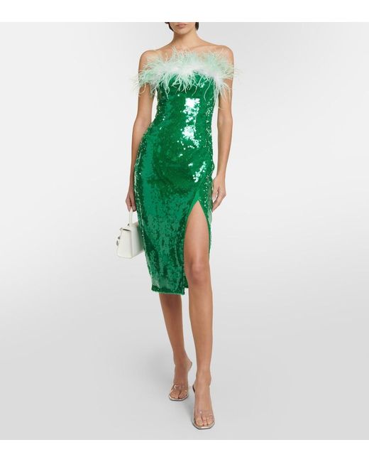 Self-Portrait Green Feather-Trimmed Sequined Midi Dress