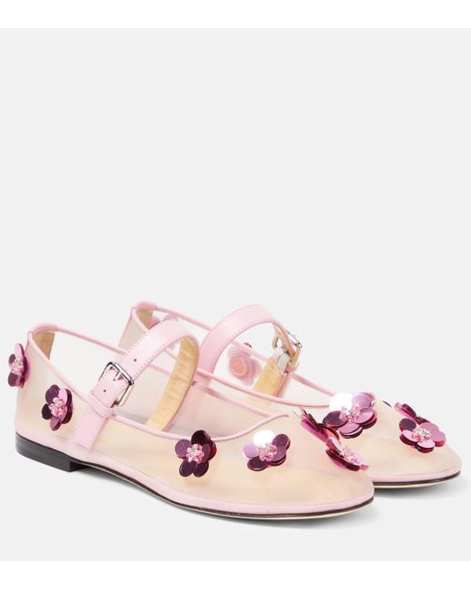 Mach & Mach Pink Sequined Leather-trimmed Mary Jane Flats