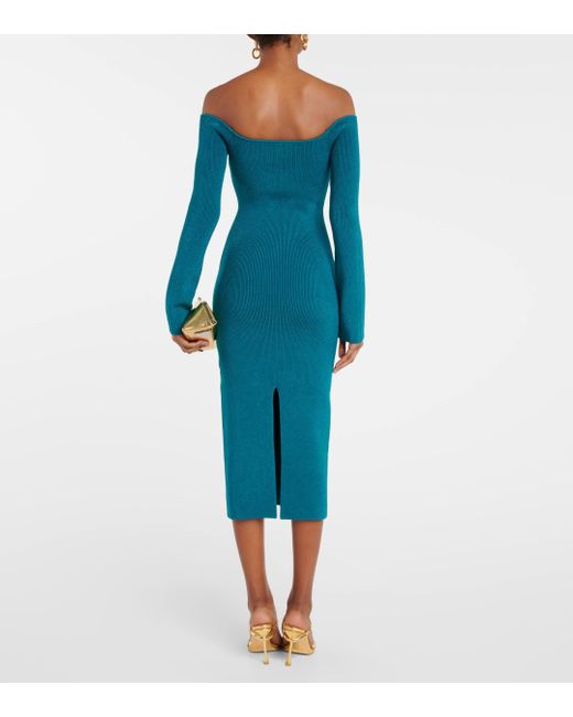 Galvan Blue Grace Off-the-shoulder Sweetheart-neck Knitted Midi Dress