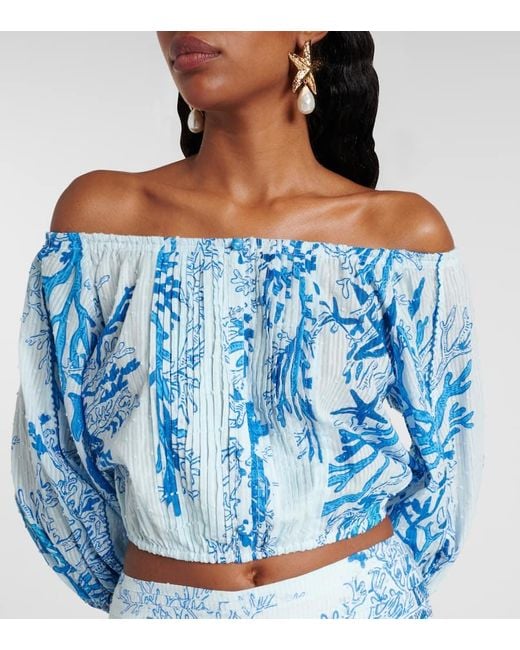 Top Bova Imprime A Encolure Bardot Poupette en coloris Blue