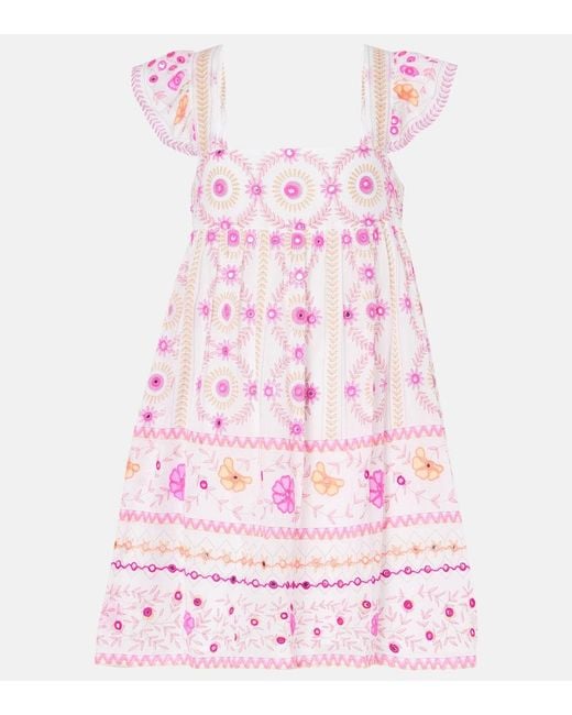 Juliet Dunn Pink Embroidered Printed Cotton Minidress