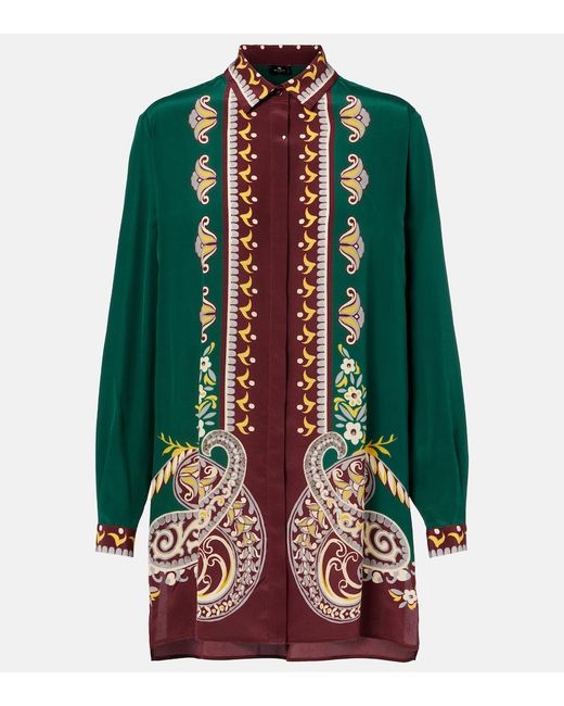Etro Multicolor Long Silk Shirt With Placed Print