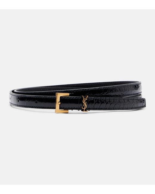 Saint Laurent Black Cassandre Croc-Effect Leather Belt