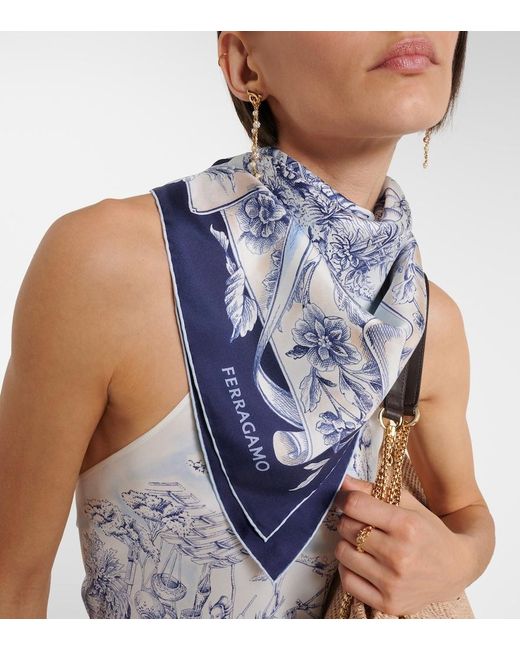 Ferragamo Blue Printed Silk Scarf