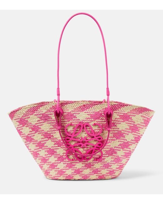 Loewe Pink X Paula's Ibiza Medium Anagram Basket Tote Bag In Checkered Iraca Palm With Leather Handles