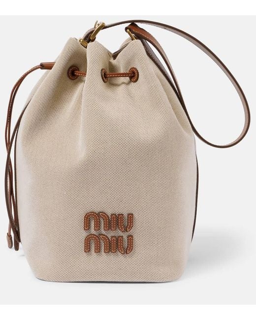 Miu Miu Natural Logo Leather-Trimmed Bucket Bag
