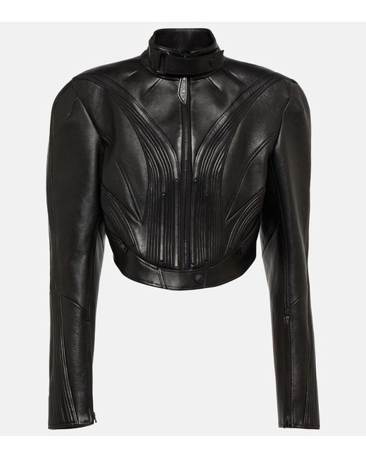 Mugler Cropped Leather Jacket in Black | Lyst