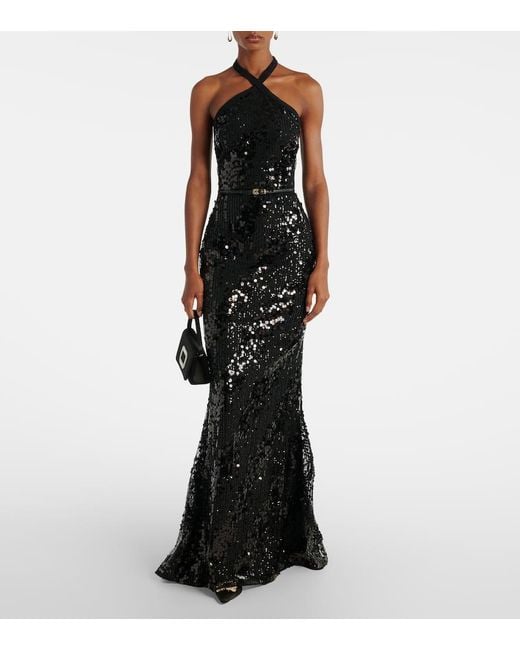 Elie Saab Black Sequined Halterneck Silk-Blend Gown