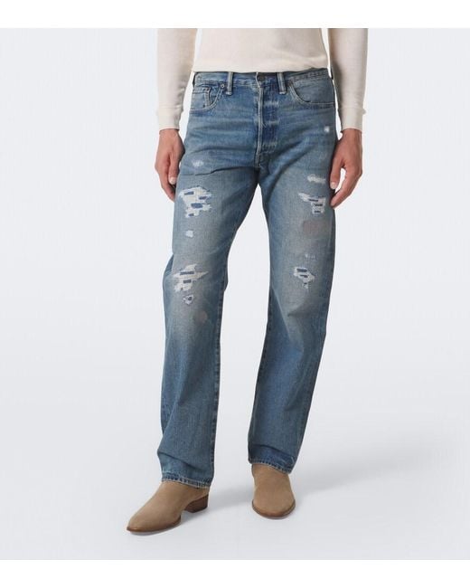 RRL Blue Distressed Straight Jeans for men