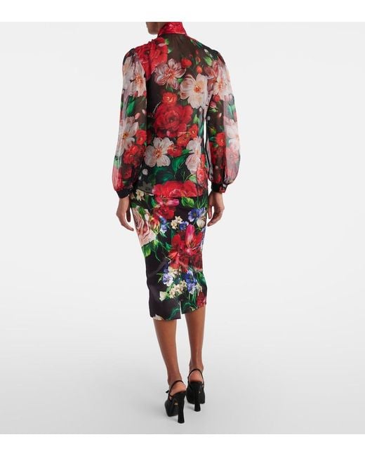 Dolce & Gabbana Red Floral Tie-Neck Silk Organza Blouse