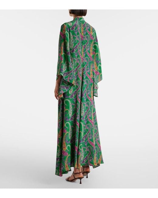 Etro Green Paisley Tie-Neck Silk Maxi Dress