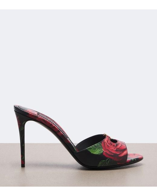 Dolce & Gabbana Red Dg Floral Leather Mules