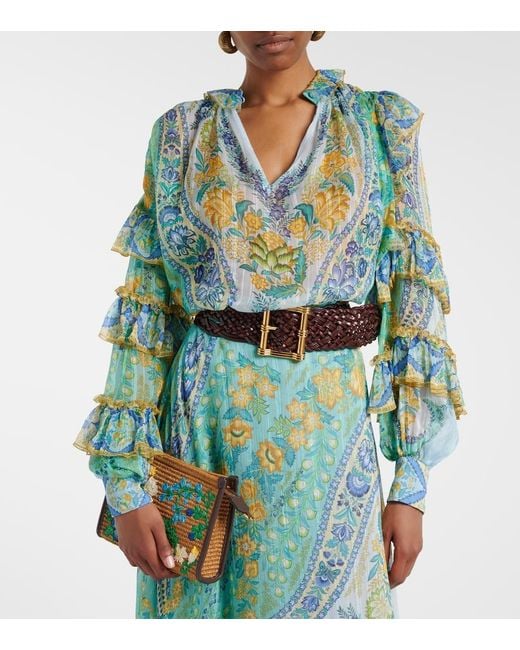 Etro Green Floral Ruffled Silk Blouse