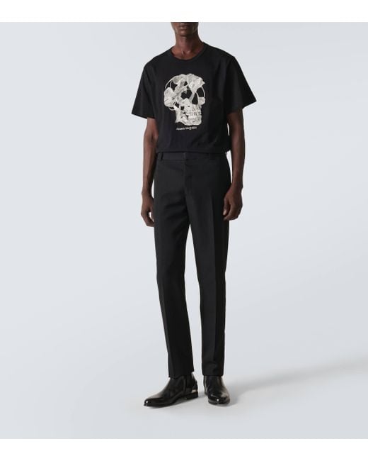 Alexander McQueen Black Skull Embroidered Cotton Jersey T-shirt for men
