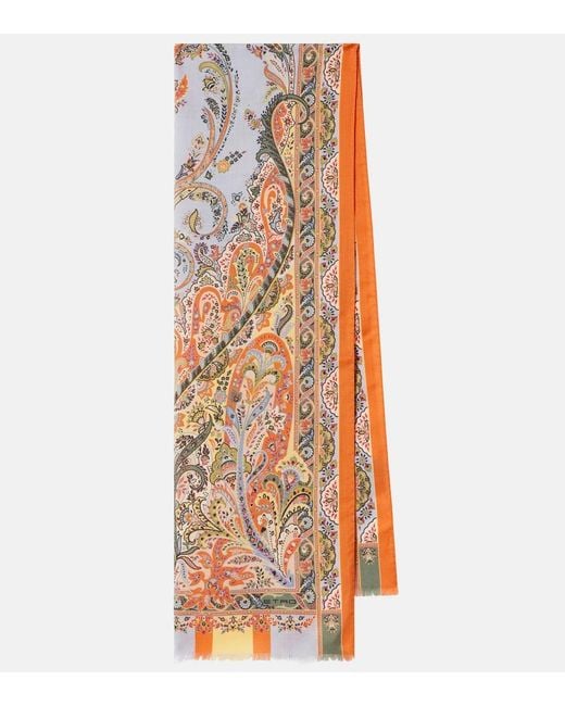Etro Orange Floral Wool And Silk Scarf